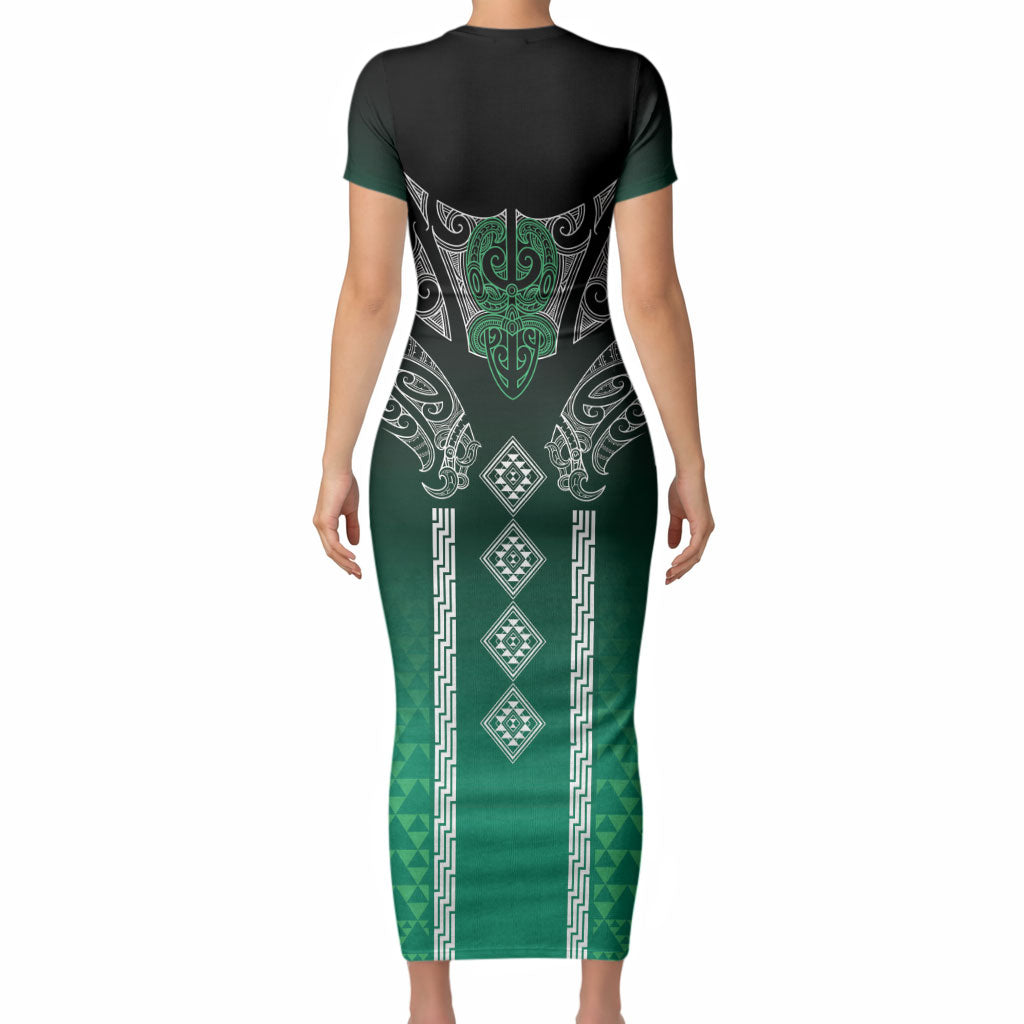 Aotearoa Maori Iwi Heritage Short Sleeve Bodycon Dress Ngai Tahu Pounamu Green