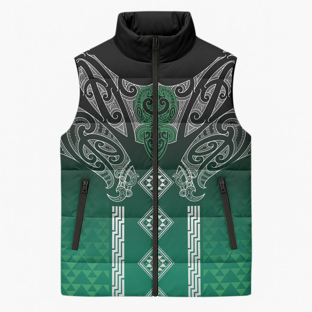 Aotearoa Maori Iwi Heritage Sleeveless Puffer Jacket Ngai Tahu Pounamu Green