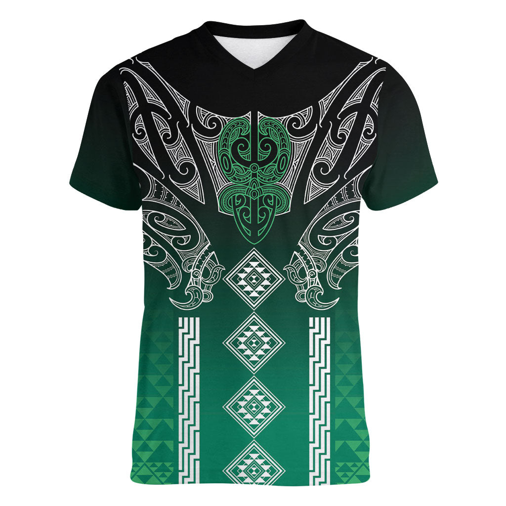 Aotearoa Maori Iwi Heritage Women V-Neck T-Shirt Ngai Tahu Pounamu Green