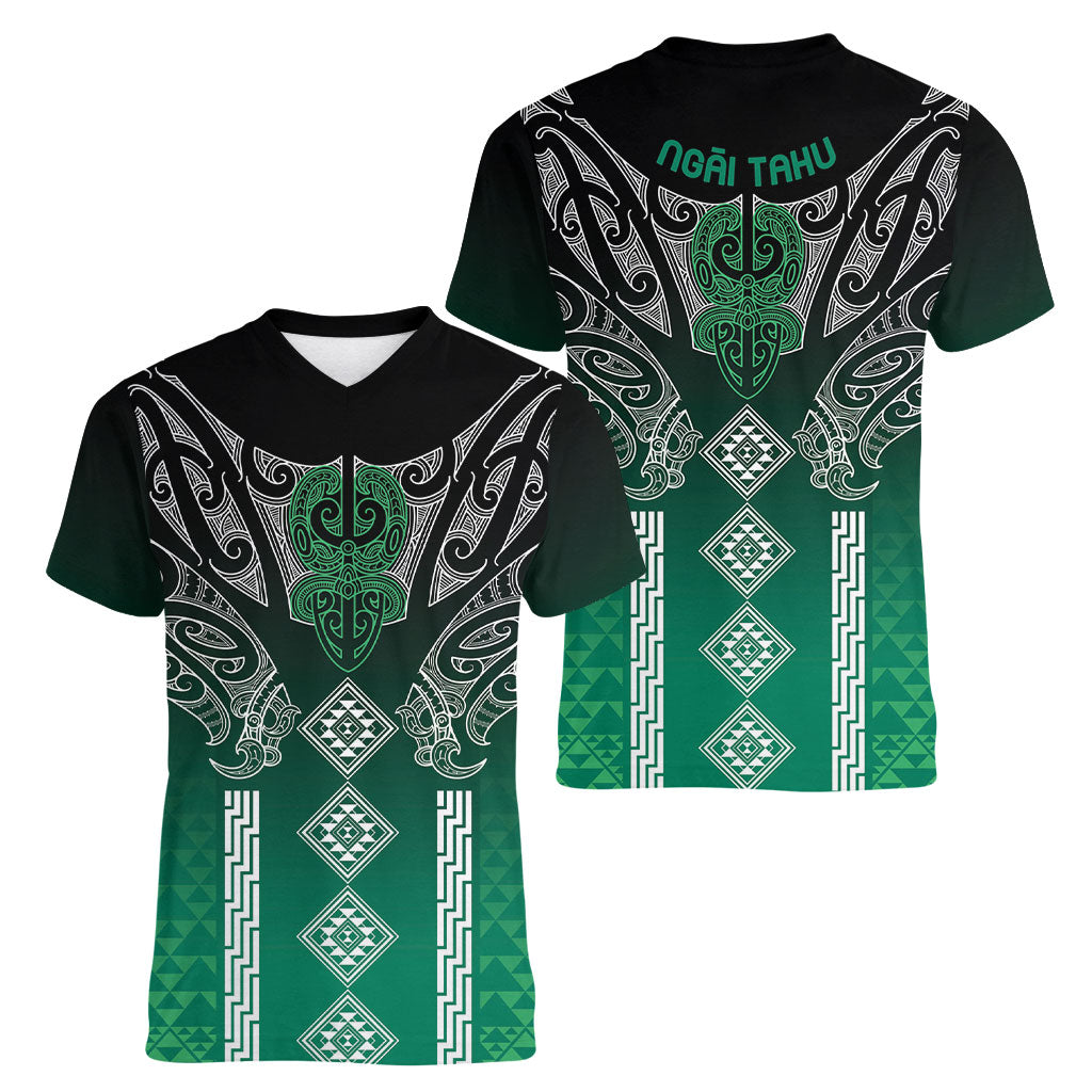 Aotearoa Maori Iwi Heritage Women V-Neck T-Shirt Ngai Tahu Pounamu Green