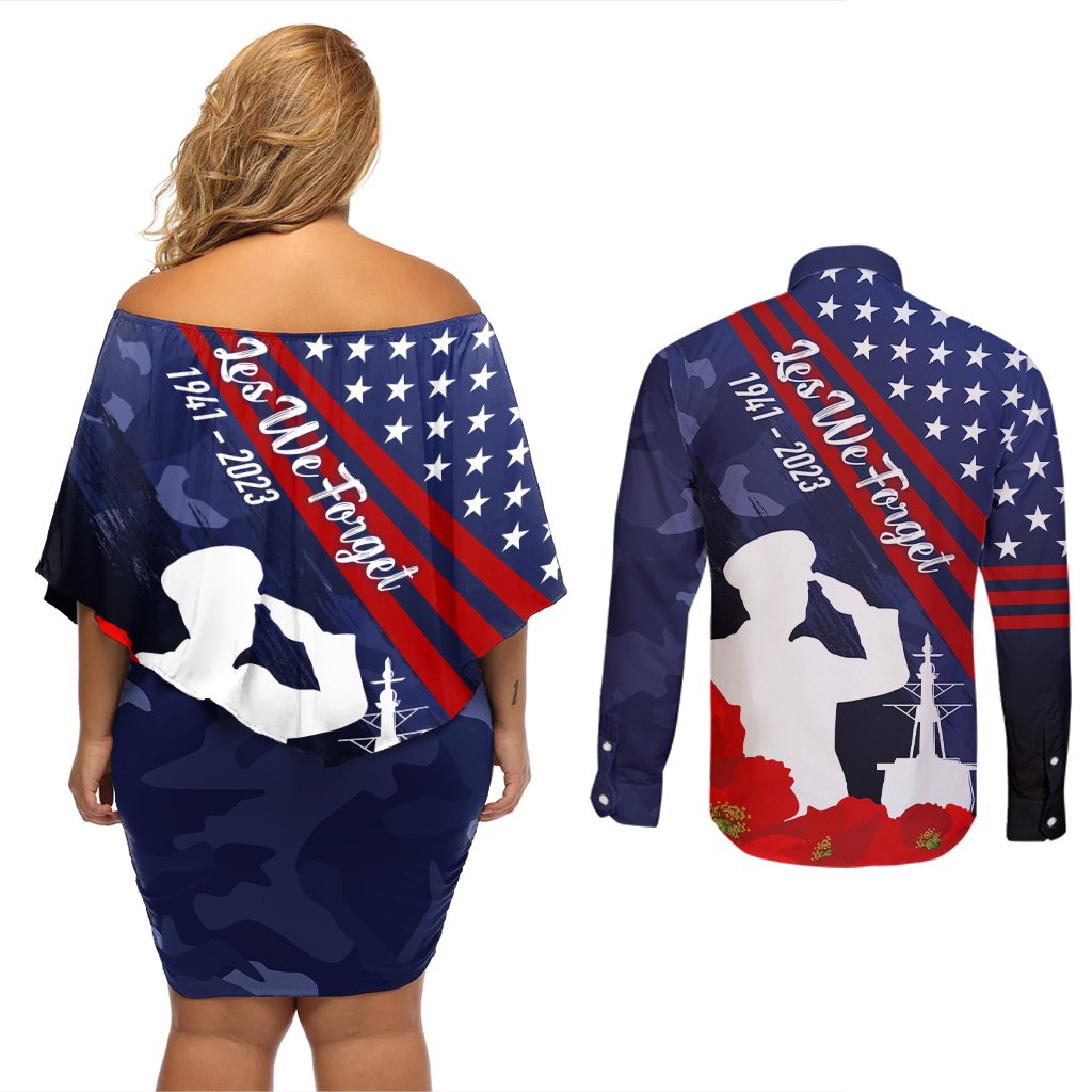 Pearl Harbor Remembrance Day Couples Matching Off Shoulder Short Dress and Long Sleeve Button Shirt Poppy Mix Style LT7 - Polynesian Pride