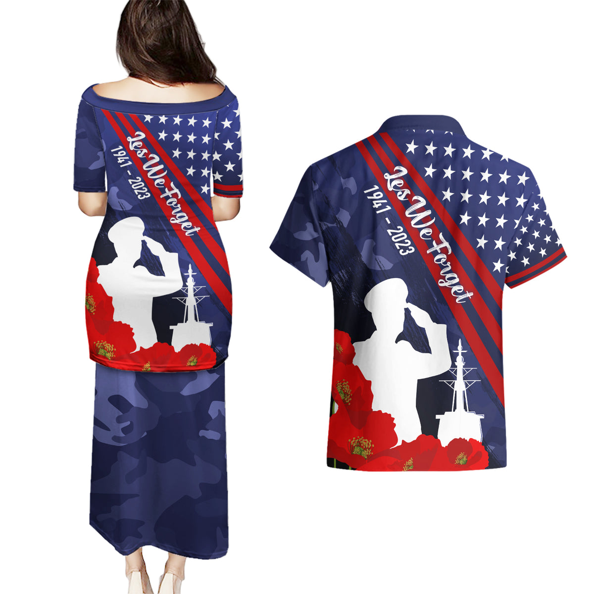 Pearl Harbor Remembrance Day Couples Matching Puletasi Dress and Hawaiian Shirt Poppy Mix Style LT7 - Polynesian Pride