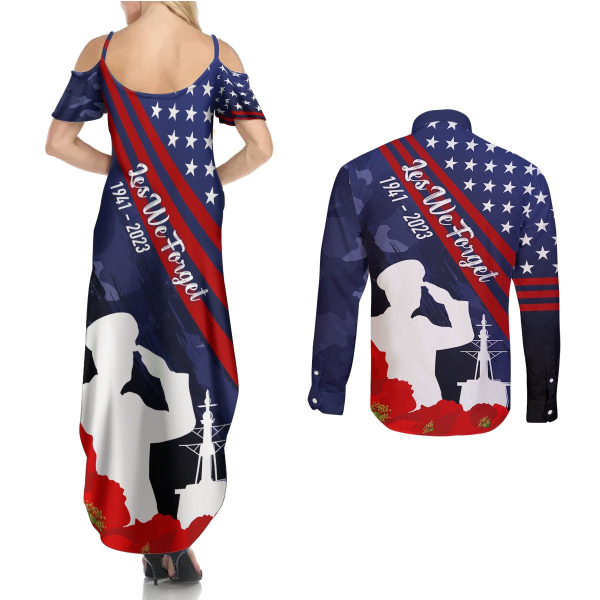 Pearl Harbor Remembrance Day Couples Matching Summer Maxi Dress and Long Sleeve Button Shirt Poppy Mix Style LT7 - Polynesian Pride