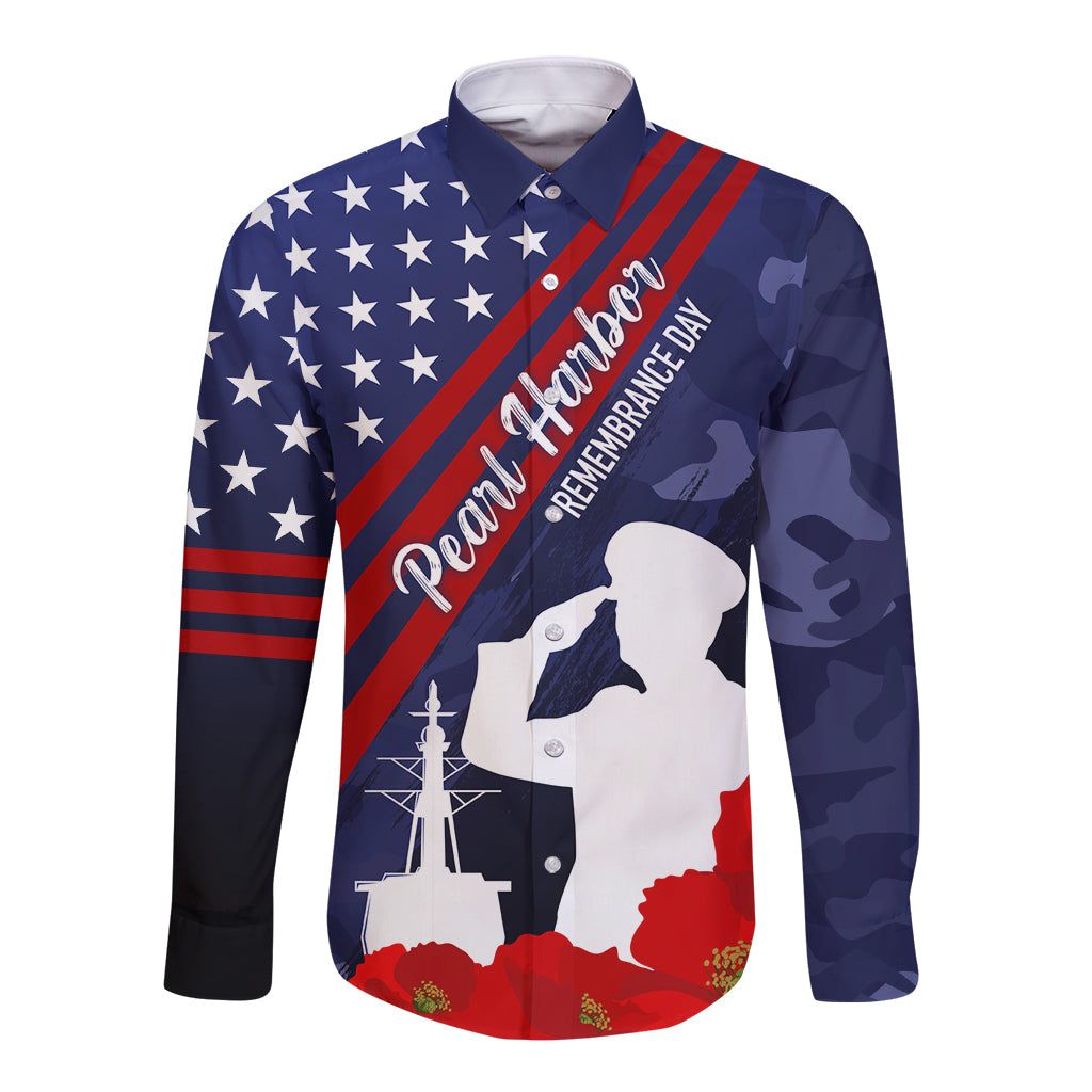 Pearl Harbor Remembrance Day Long Sleeve Button Shirt Poppy Mix Style LT7 Unisex Navy Blue - Polynesian Pride