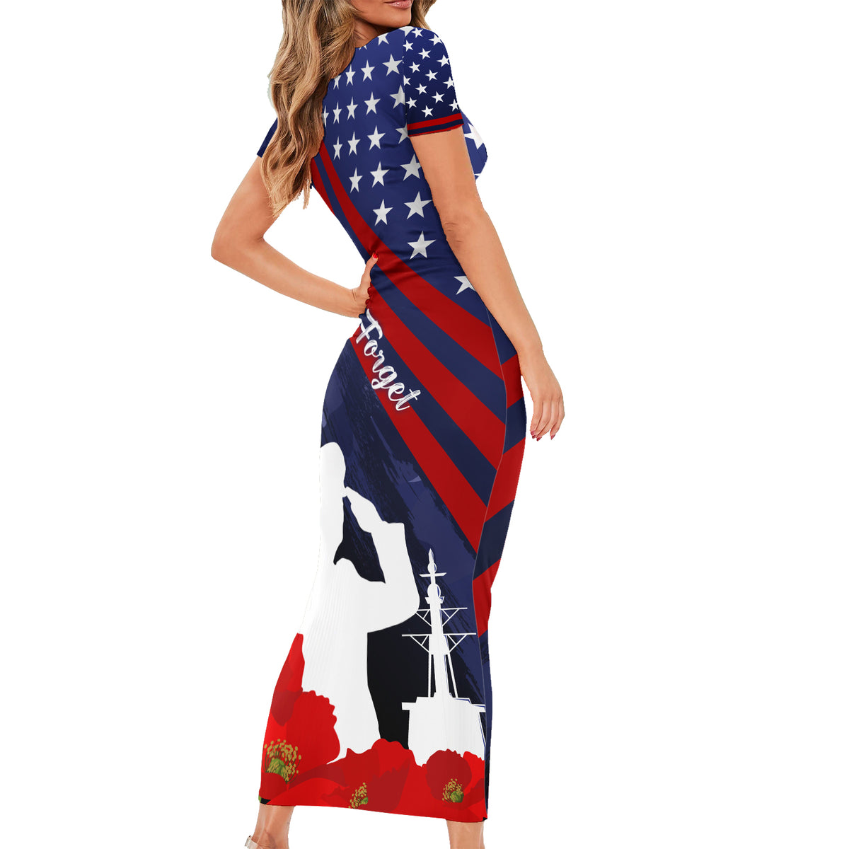 Pearl Harbor Remembrance Day Short Sleeve Bodycon Dress Poppy Mix Style LT7 - Polynesian Pride