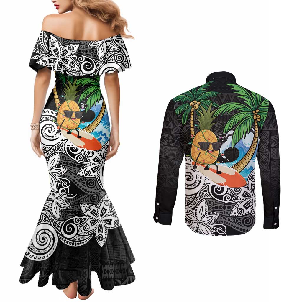 Tropical Christmas Polynesian Couples Matching Mermaid Dress and Long Sleeve Button Shirt Funny Surfing Pineapple