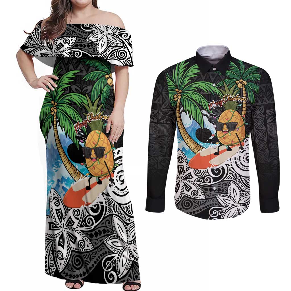 Tropical Christmas Polynesian Couples Matching Off Shoulder Maxi Dress and Long Sleeve Button Shirt Funny Surfing Pineapple LT7 Black - Polynesian Pride