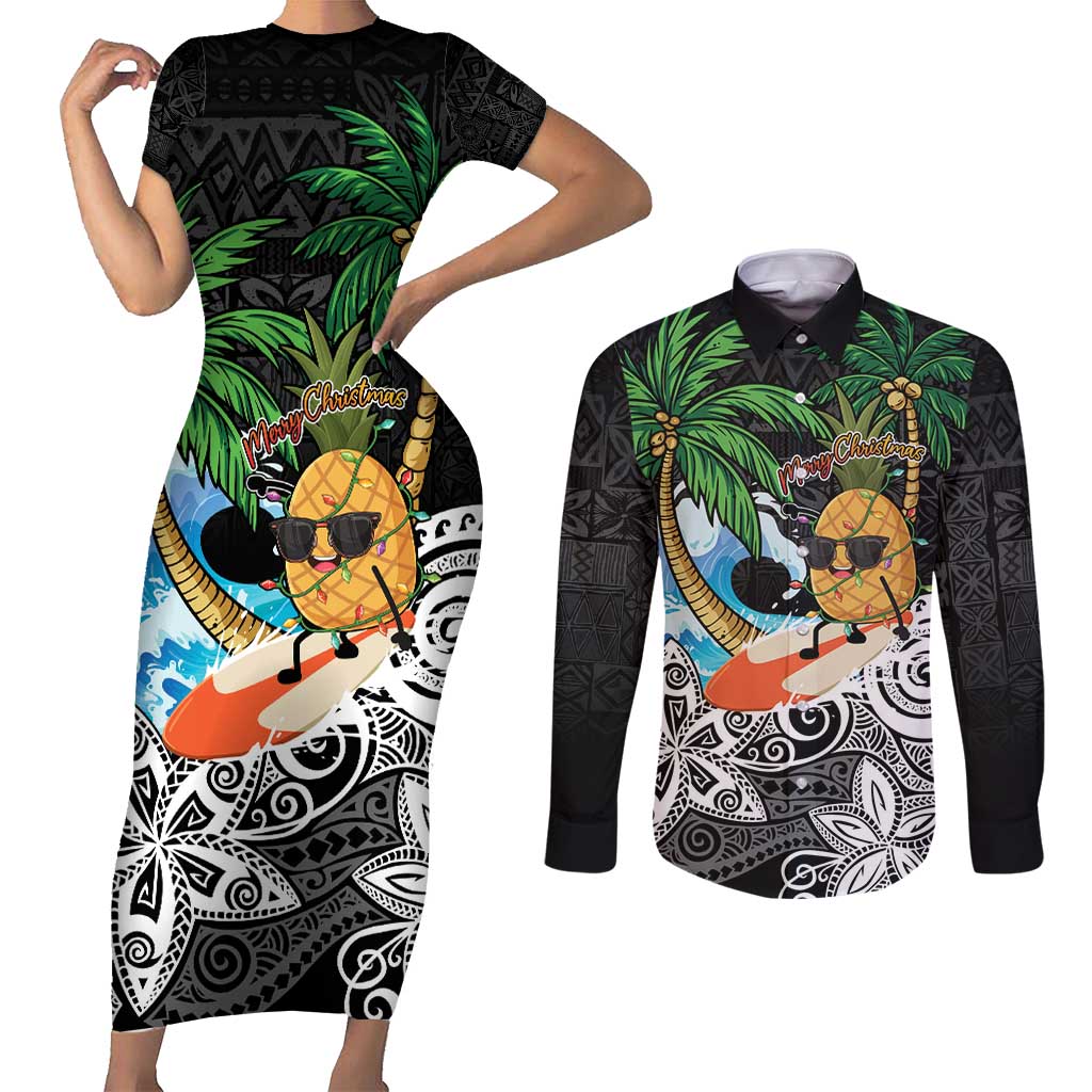 Tropical Christmas Polynesian Couples Matching Short Sleeve Bodycon Dress and Long Sleeve Button Shirt Funny Surfing Pineapple LT7 Black - Polynesian Pride
