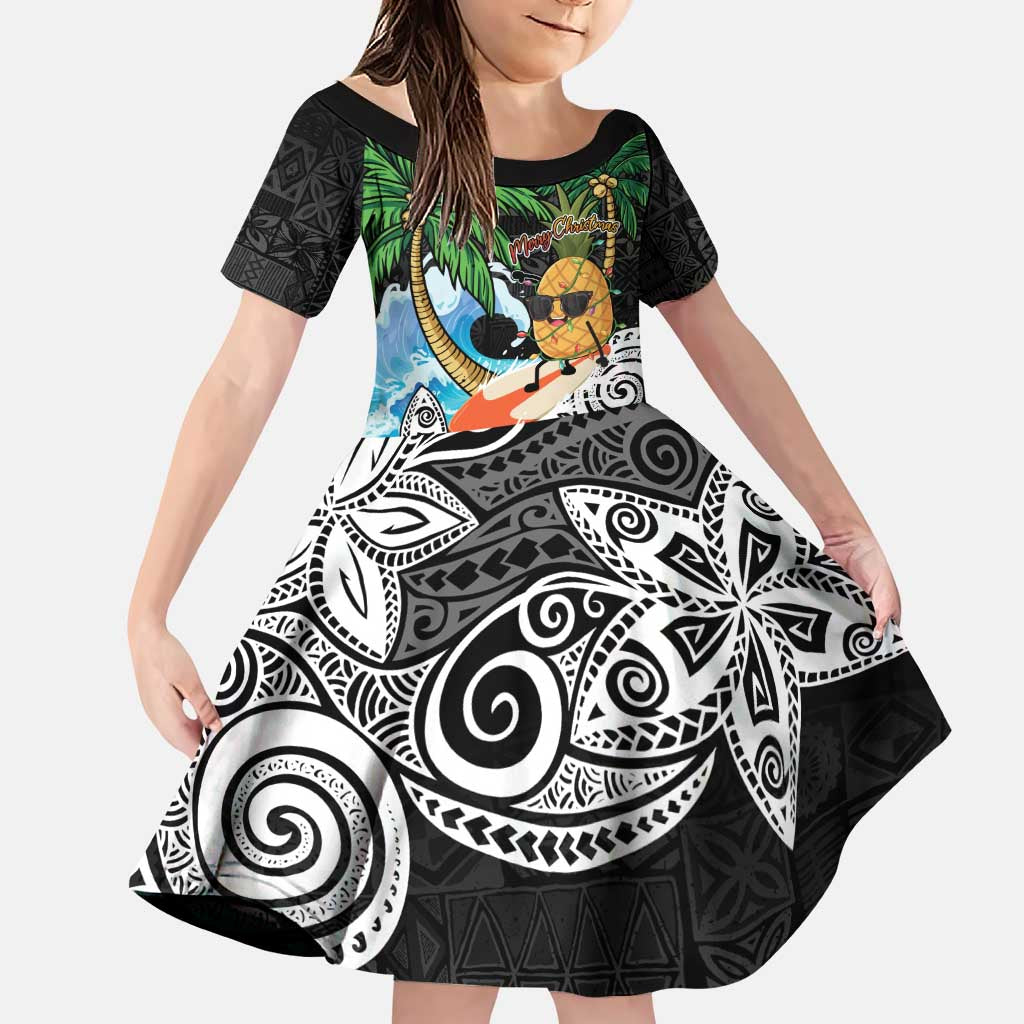 Tropical Christmas Polynesian Family Matching Puletasi and Hawaiian Shirt Funny Surfing Pineapple LT7 Daughter's Dress Black - Polynesian Pride