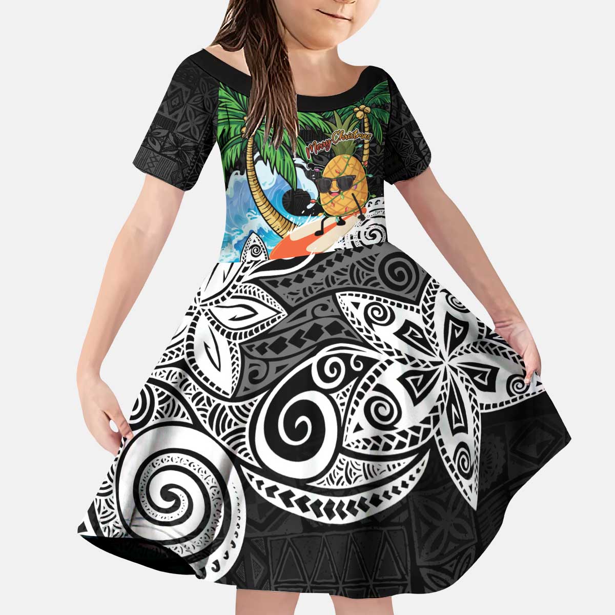 Tropical Christmas Polynesian Kid Short Sleeve Dress Funny Surfing Pineapple LT7 KID Black - Polynesian Pride
