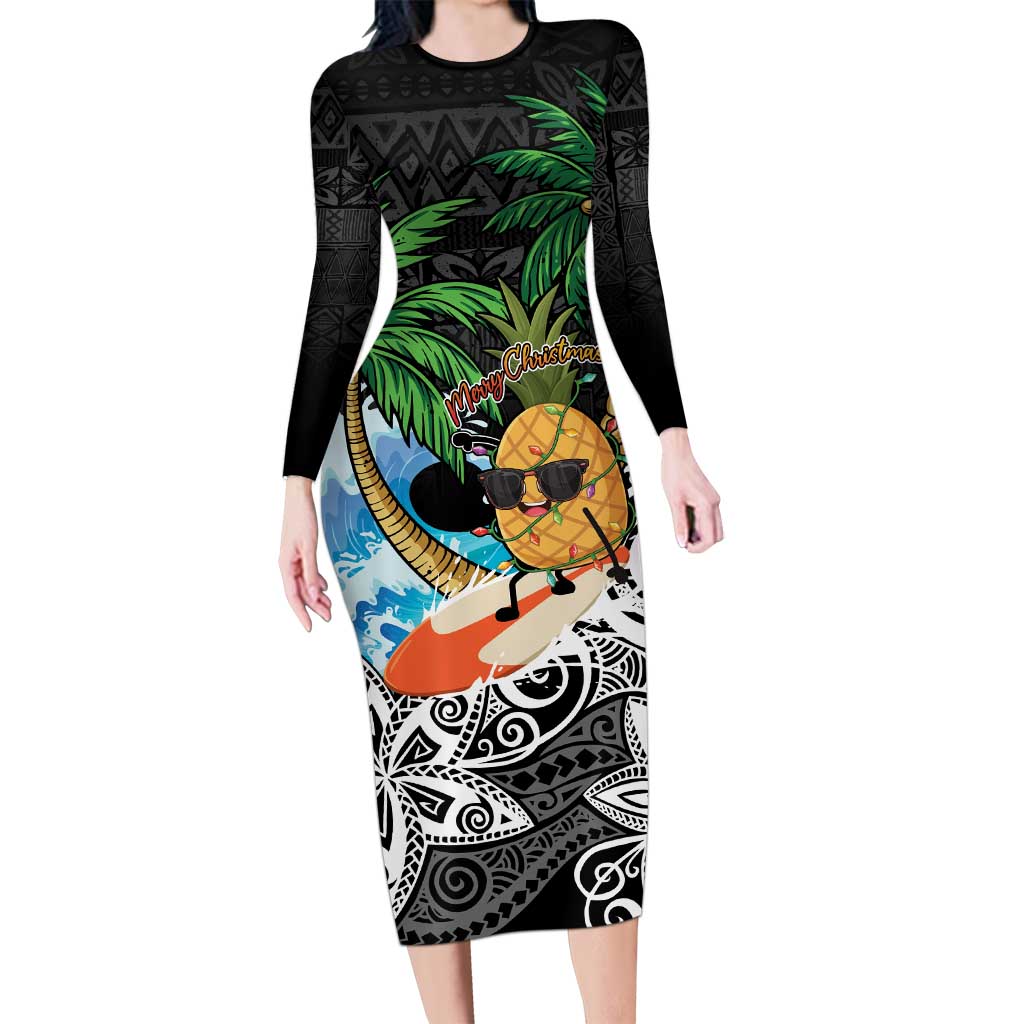 Tropical Christmas Polynesian Long Sleeve Bodycon Dress Funny Surfing Pineapple LT7 Long Dress Black - Polynesian Pride