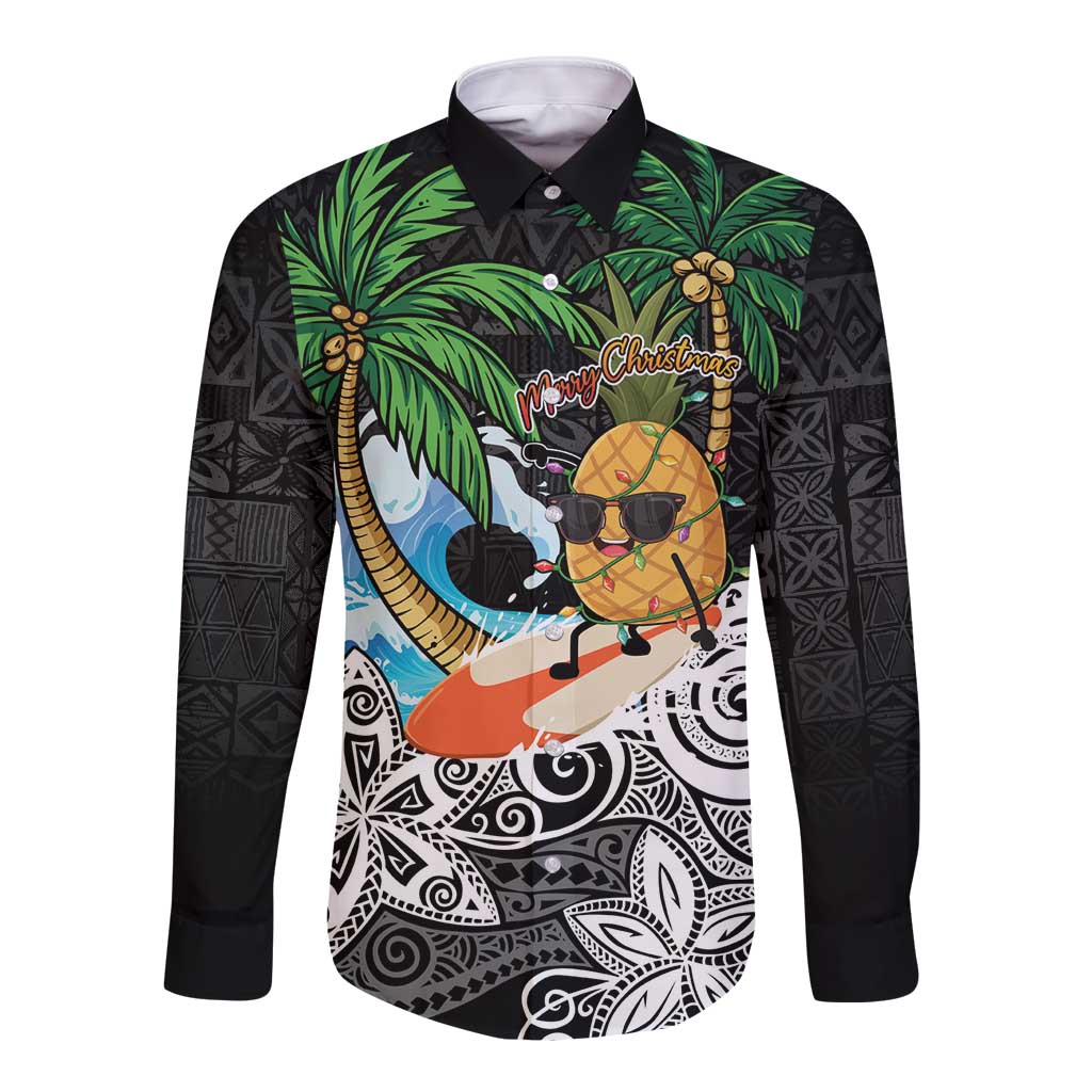 Tropical Christmas Polynesian Long Sleeve Button Shirt Funny Surfing Pineapple LT7 Unisex Black - Polynesian Pride