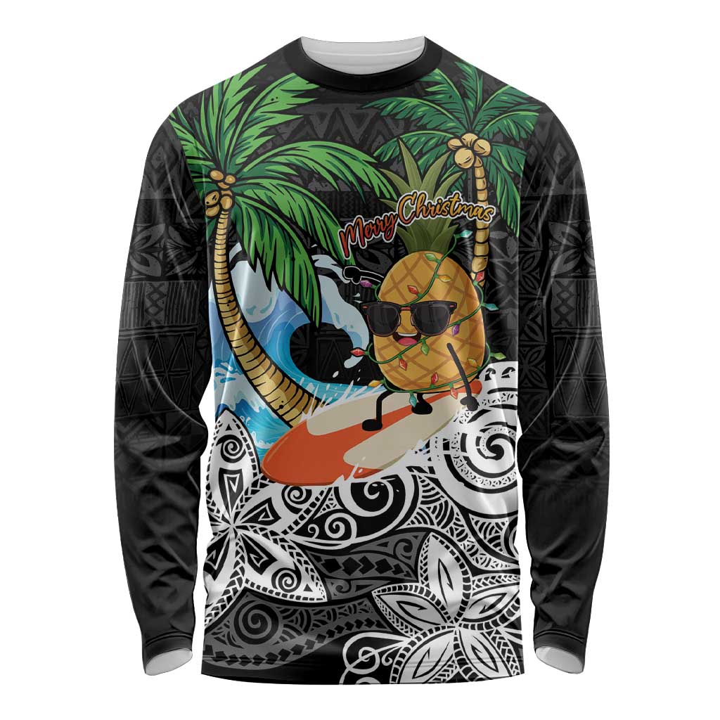 Tropical Christmas Polynesian Long Sleeve Shirt Funny Surfing Pineapple LT7 Unisex Black - Polynesian Pride
