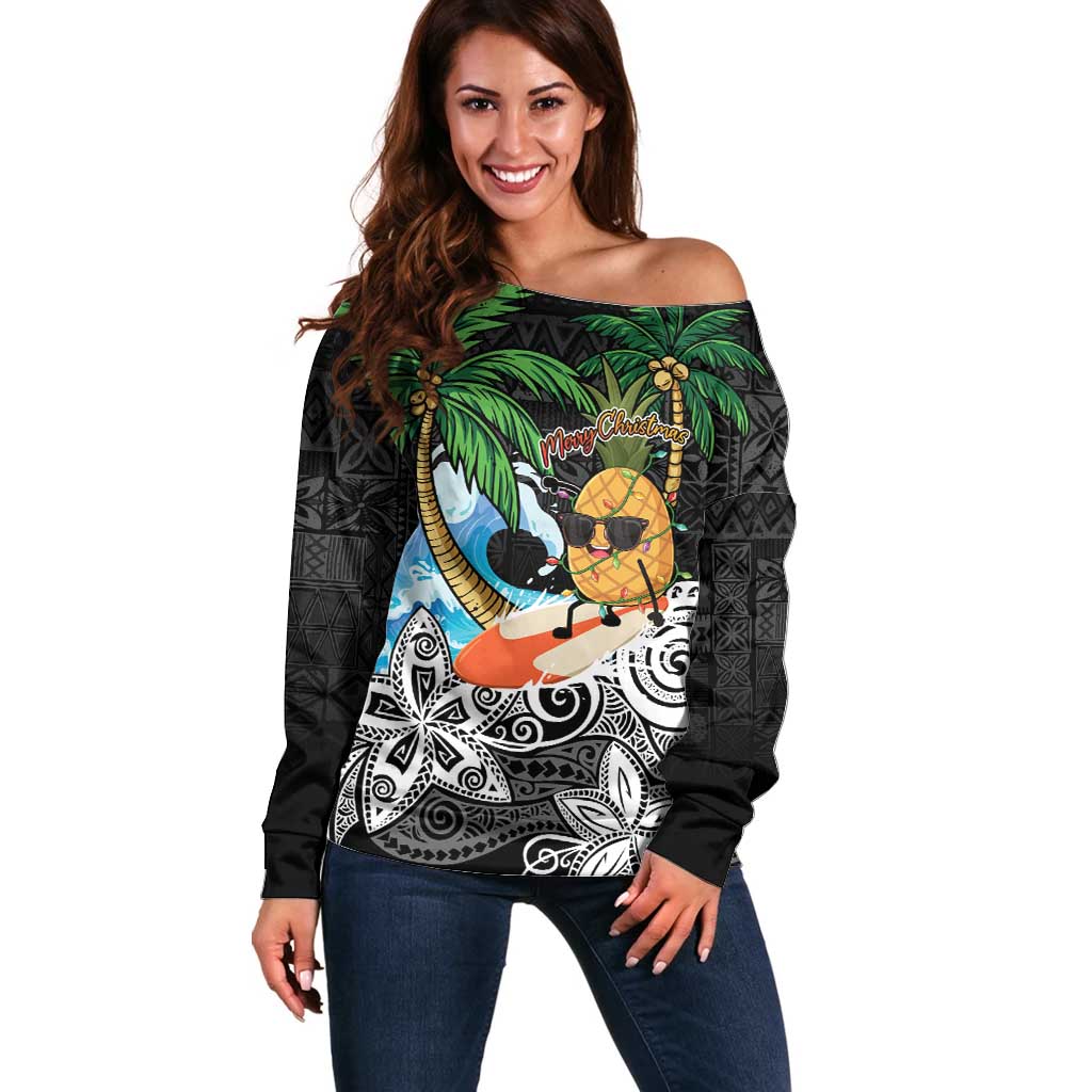 Tropical Christmas Polynesian Off Shoulder Sweater Funny Surfing Pineapple LT7 Women Black - Polynesian Pride
