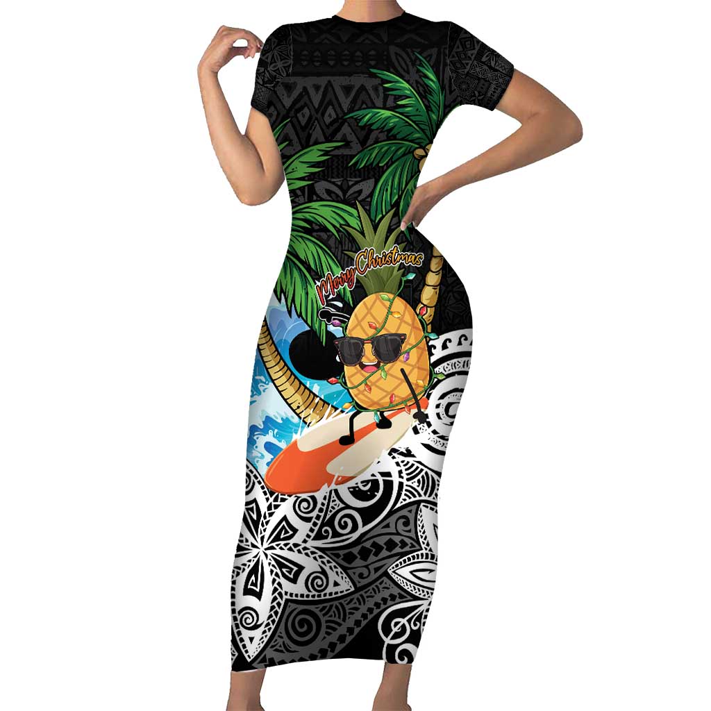 Tropical Christmas Polynesian Short Sleeve Bodycon Dress Funny Surfing Pineapple LT7 Long Dress Black - Polynesian Pride