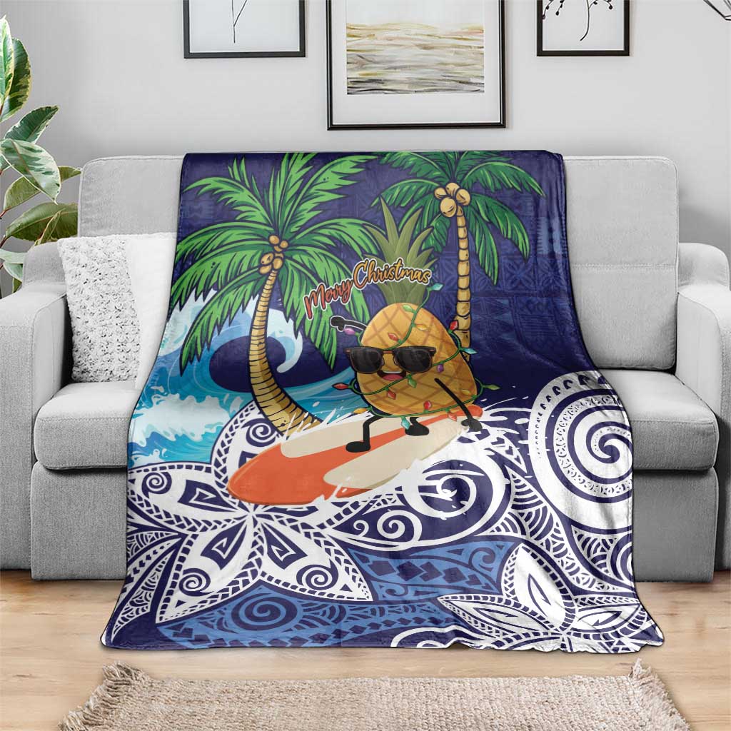 Tropical Christmas Polynesian Blanket Funny Surfing Pineapple Blue