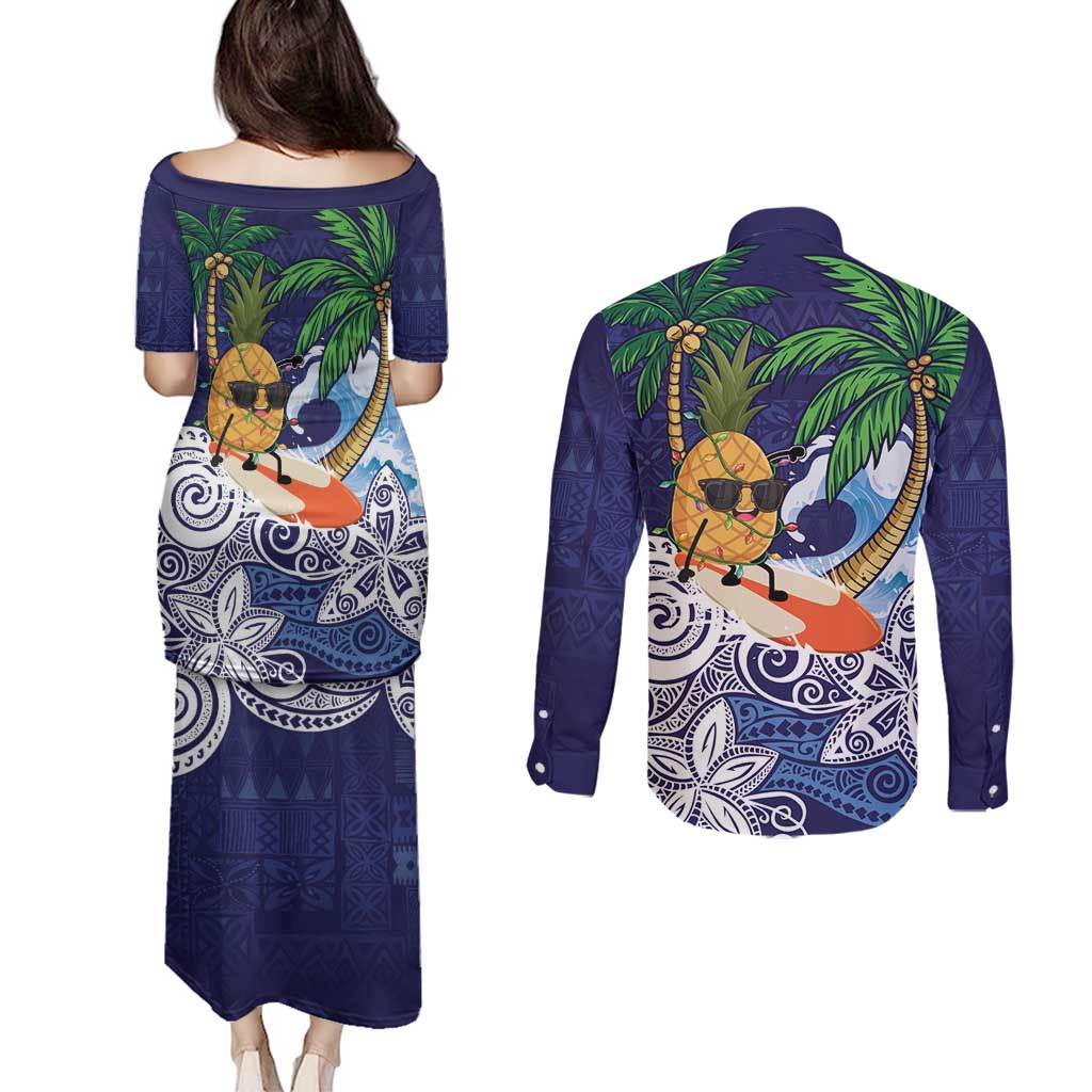 Tropical Christmas Polynesian Couples Matching Puletasi and Long Sleeve Button Shirt Funny Surfing Pineapple Blue