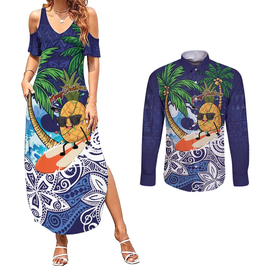 Tropical Christmas Polynesian Couples Matching Summer Maxi Dress and Long Sleeve Button Shirt Funny Surfing Pineapple Blue LT7 Blue - Polynesian Pride