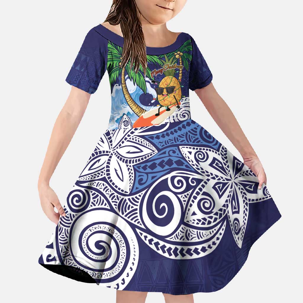 Tropical Christmas Polynesian Family Matching Short Sleeve Bodycon Dress and Hawaiian Shirt Funny Surfing Pineapple Blue LT7 Daughter's Dress Blue - Polynesian Pride