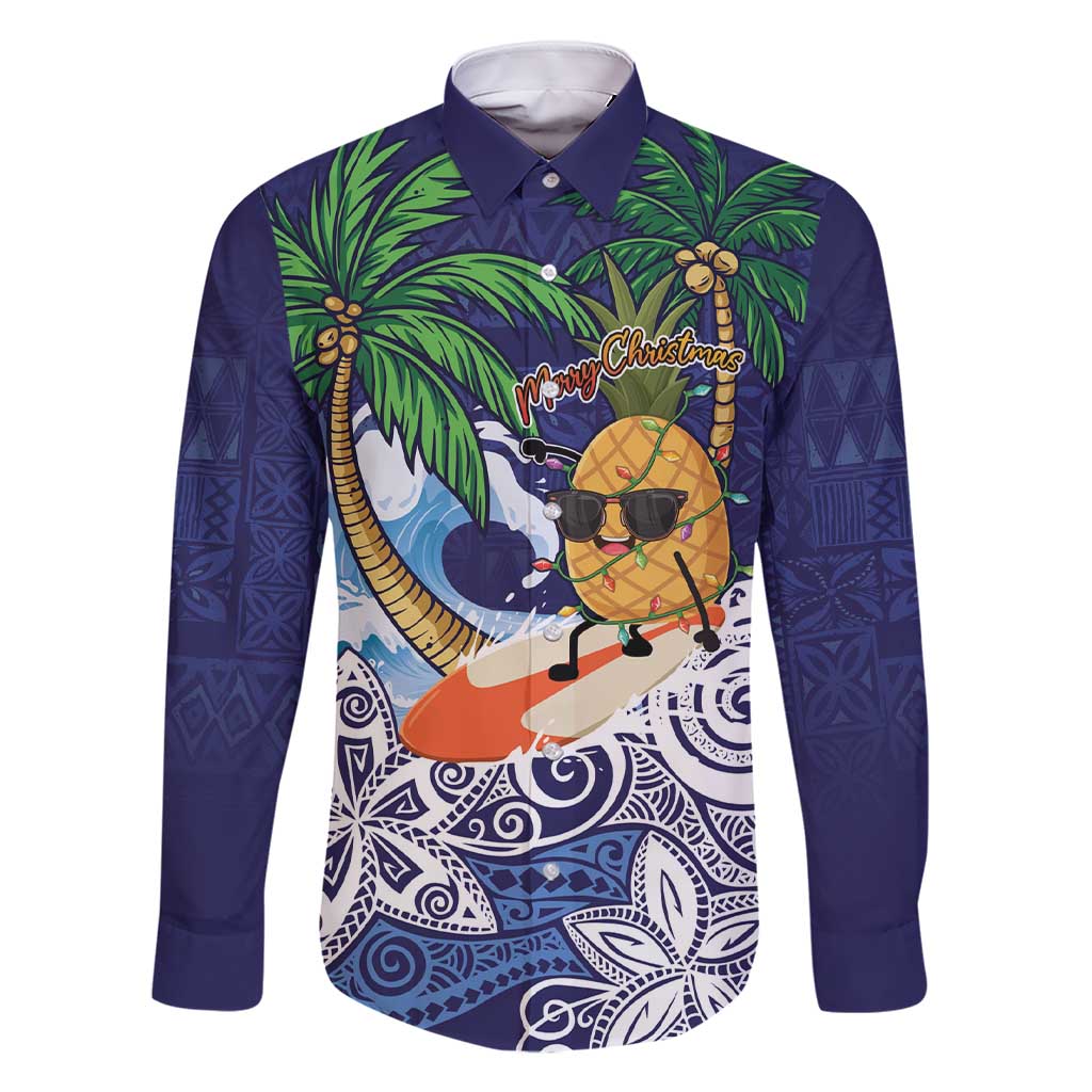 Tropical Christmas Polynesian Family Matching Short Sleeve Bodycon Dress and Hawaiian Shirt Funny Surfing Pineapple Blue LT7 Dad's Shirt - Long Sleeve Blue - Polynesian Pride