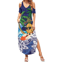 Tropical Christmas Polynesian Family Matching Summer Maxi Dress and Hawaiian Shirt Funny Surfing Pineapple Blue