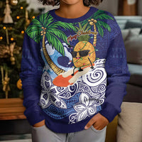 Tropical Christmas Polynesian Kid Ugly Christmas Sweater Funny Surfing Pineapple Blue