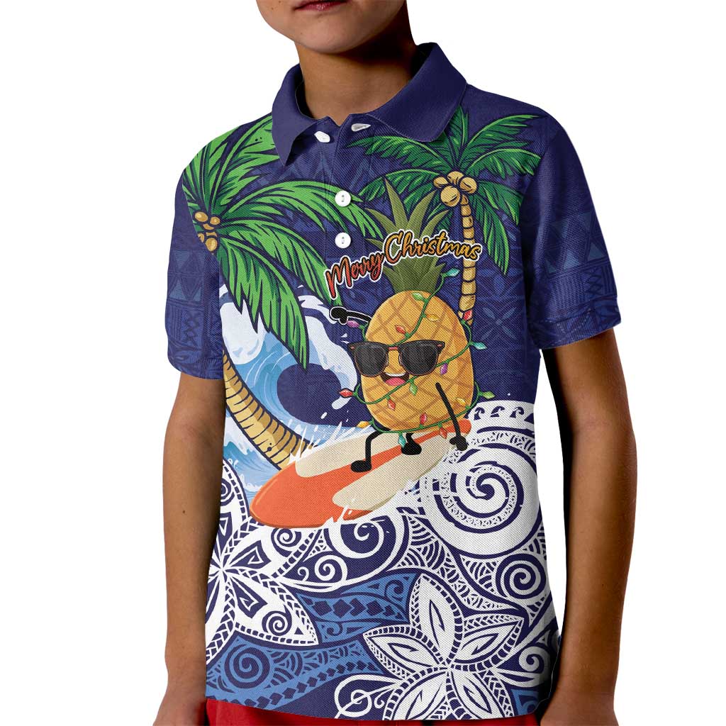 Tropical Christmas Polynesian Kid Polo Shirt Funny Surfing Pineapple Blue LT7 Kid Blue - Polynesian Pride