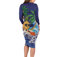 Tropical Christmas Polynesian Long Sleeve Bodycon Dress Funny Surfing Pineapple Blue