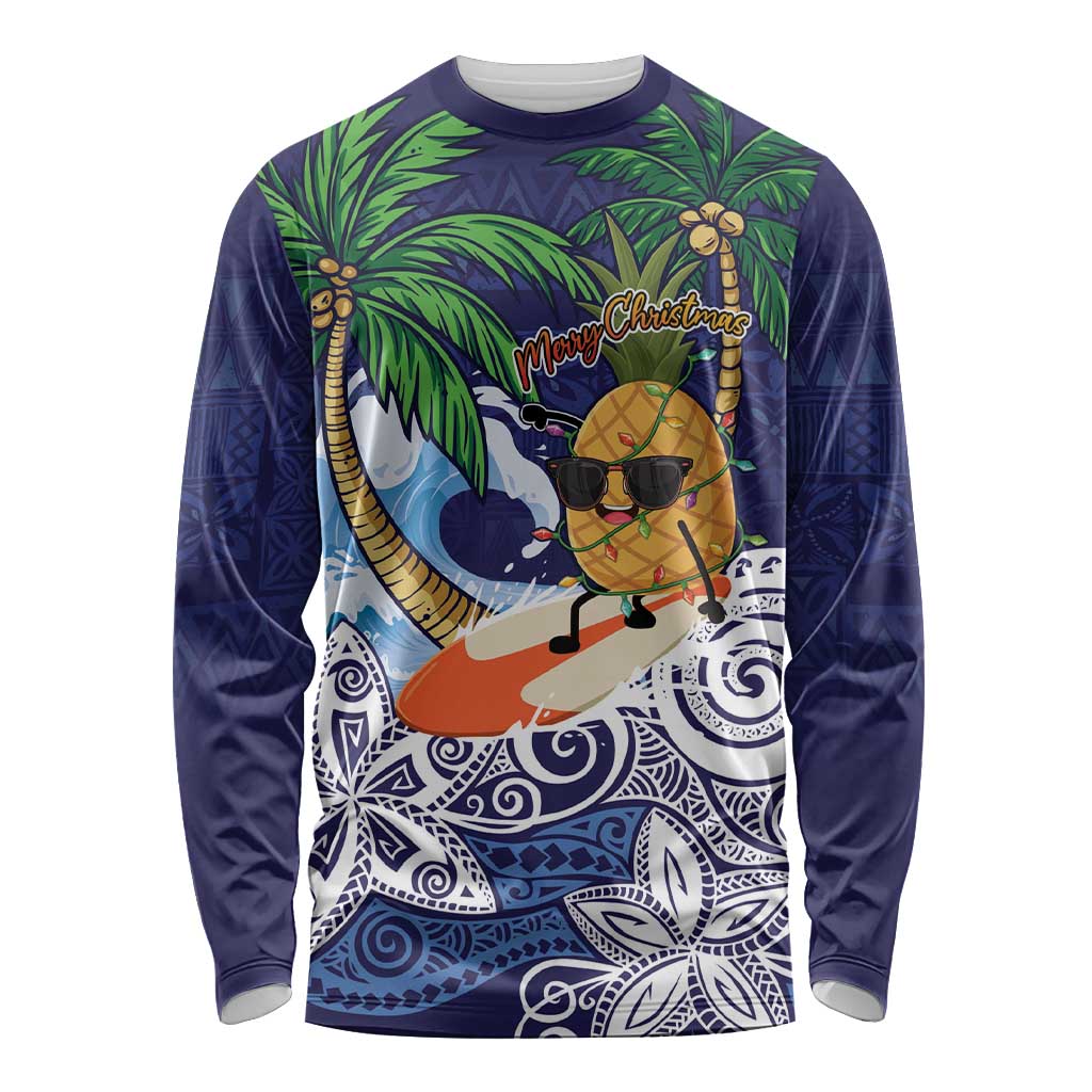 Tropical Christmas Polynesian Long Sleeve Shirt Funny Surfing Pineapple Blue LT7 Unisex Blue - Polynesian Pride