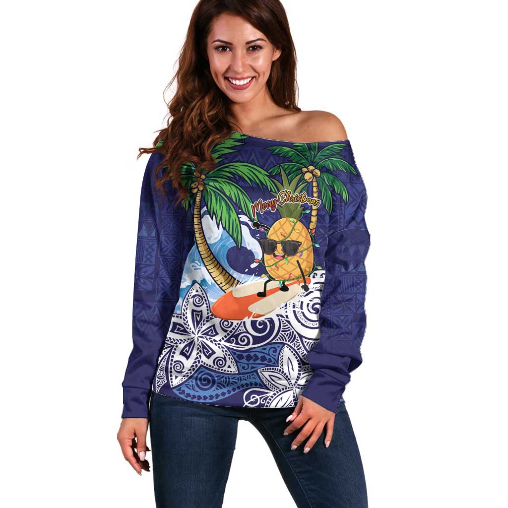 Tropical Christmas Polynesian Off Shoulder Sweater Funny Surfing Pineapple Blue LT7 Women Blue - Polynesian Pride