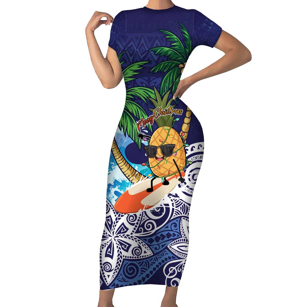 Tropical Christmas Polynesian Short Sleeve Bodycon Dress Funny Surfing Pineapple Blue LT7 Long Dress Blue - Polynesian Pride