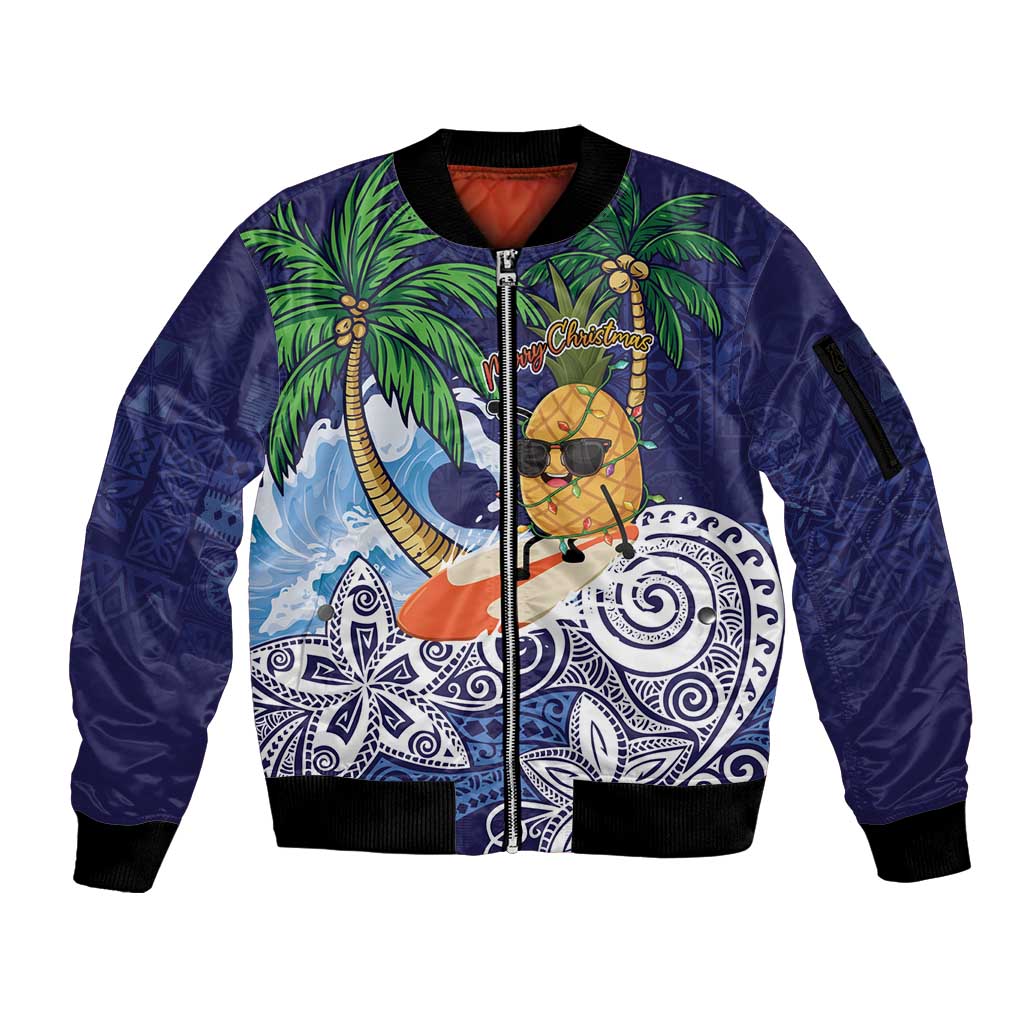 Tropical Christmas Polynesian Sleeve Zip Bomber Jacket Funny Surfing Pineapple Blue LT7 Unisex Blue - Polynesian Pride