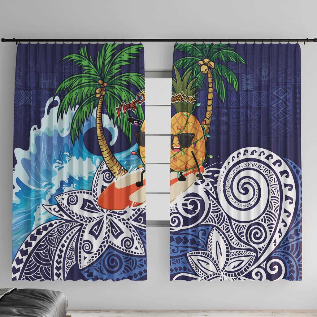 Tropical Christmas Polynesian Window Curtain Funny Surfing Pineapple Blue
