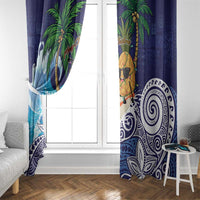 Tropical Christmas Polynesian Window Curtain Funny Surfing Pineapple Blue