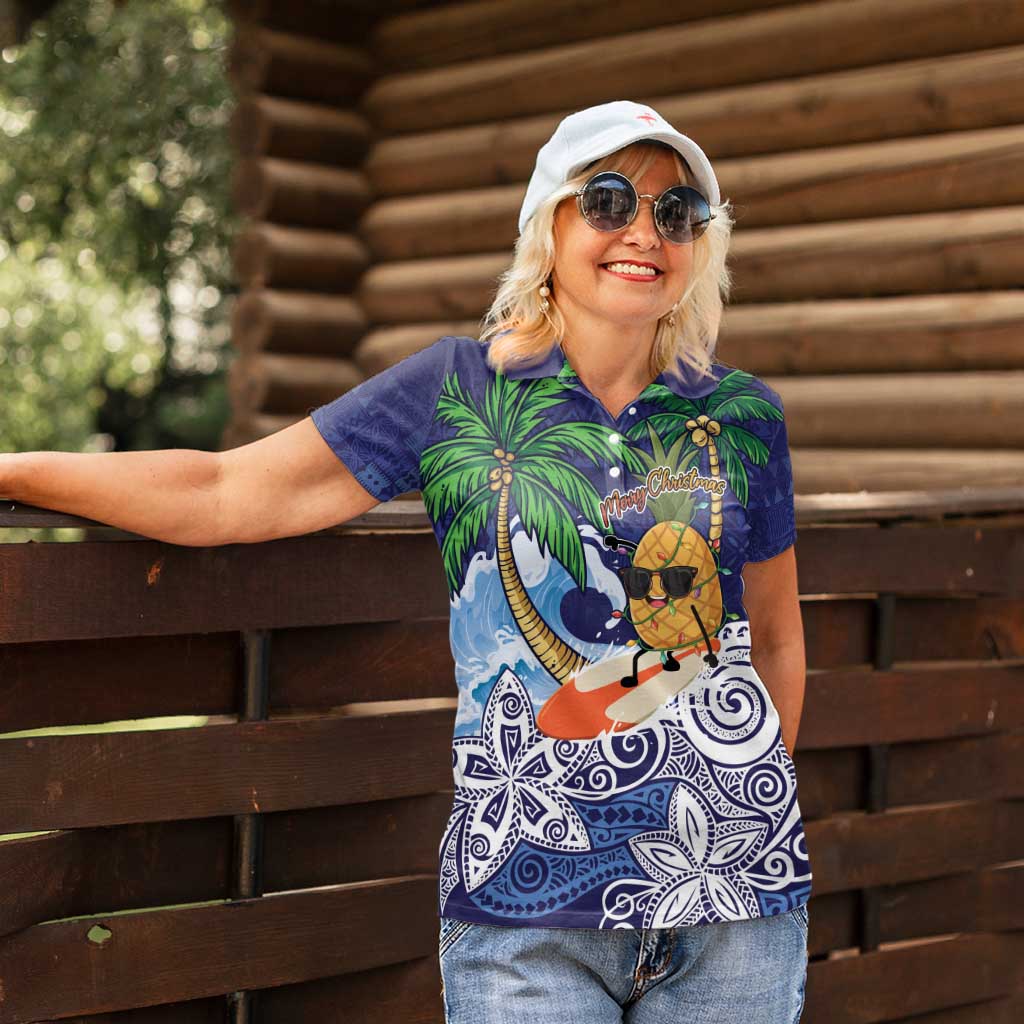 Tropical Christmas Polynesian Women Polo Shirt Funny Surfing Pineapple Blue