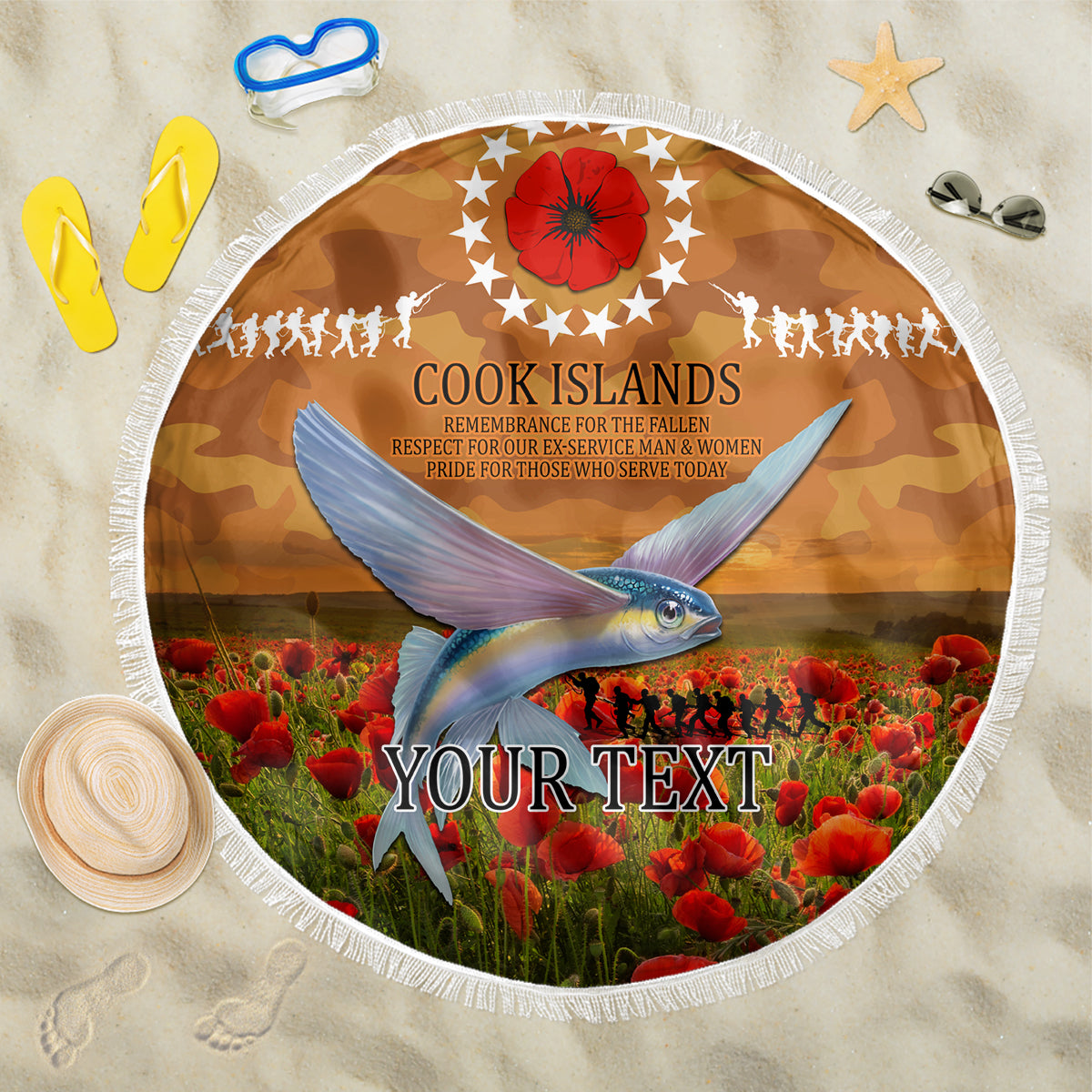 Cook Islands ANZAC Day Personalised Beach Blanket with Poppy Field LT9 One Size 150cm Art - Polynesian Pride