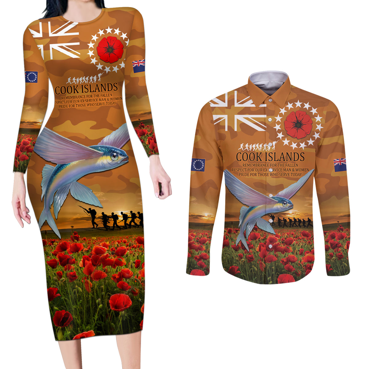 Cook Islands ANZAC Day Personalised Couples Matching Long Sleeve Bodycon Dress and Long Sleeve Button Shirt with Poppy Field LT9 Art - Polynesian Pride