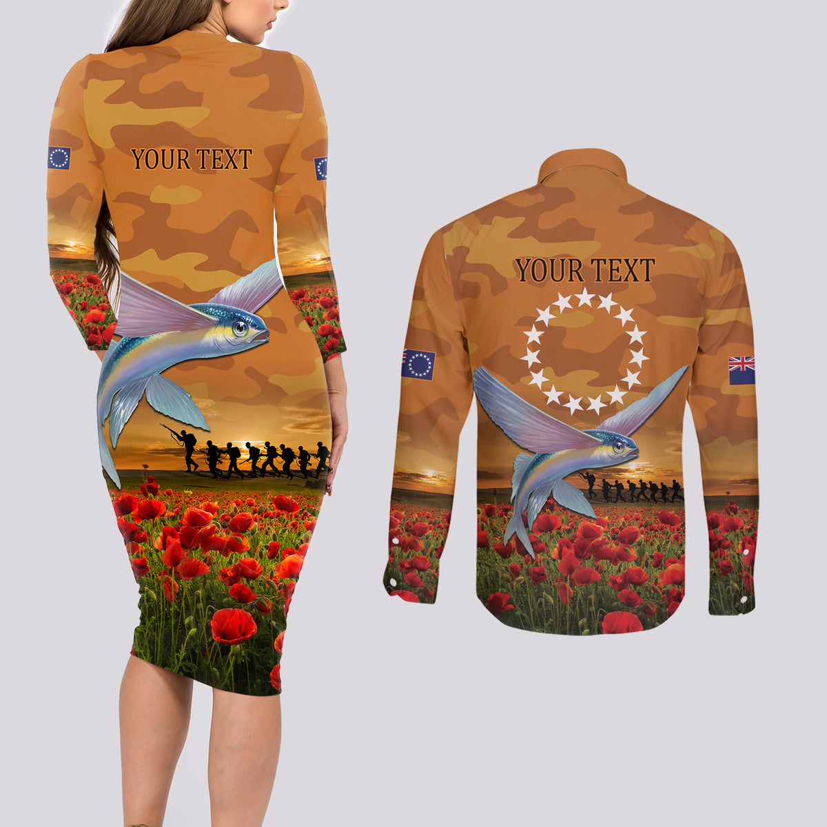 Cook Islands ANZAC Day Personalised Couples Matching Long Sleeve Bodycon Dress and Long Sleeve Button Shirt with Poppy Field LT9 - Polynesian Pride