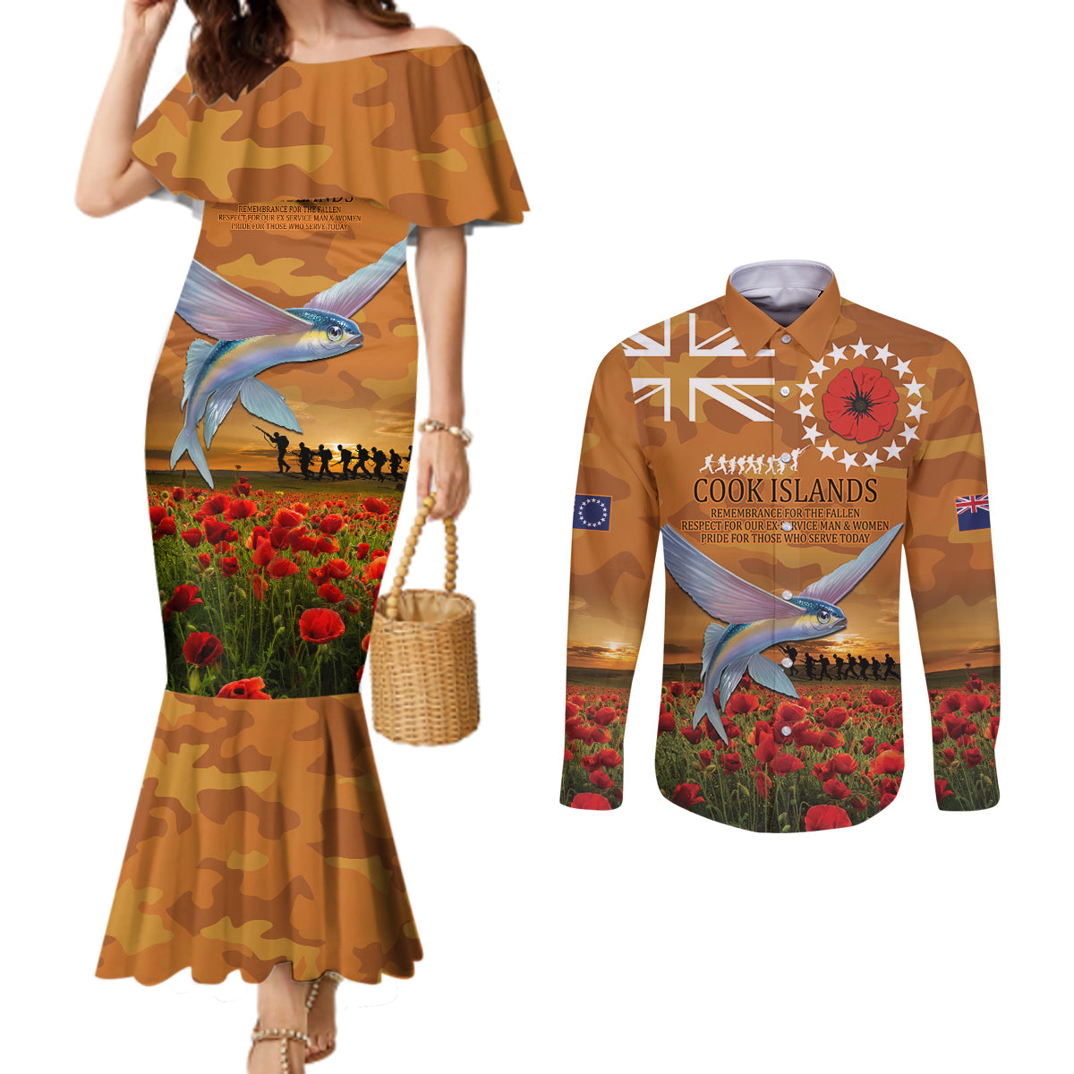 Cook Islands ANZAC Day Personalised Couples Matching Mermaid Dress and Long Sleeve Button Shirt with Poppy Field LT9 Art - Polynesian Pride