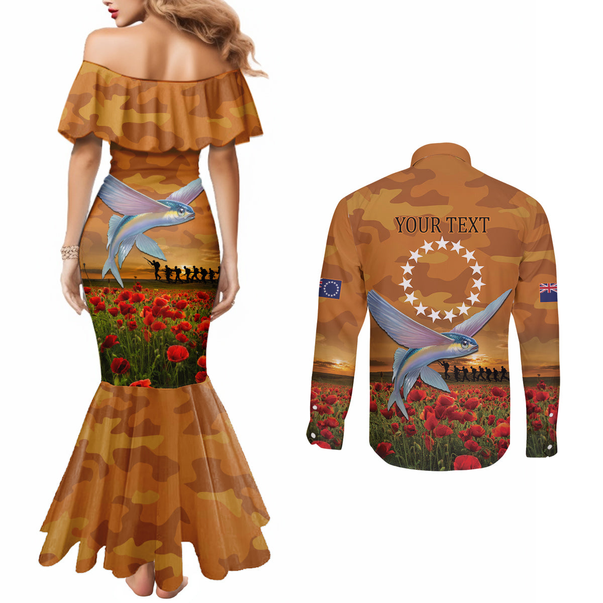 Cook Islands ANZAC Day Personalised Couples Matching Mermaid Dress and Long Sleeve Button Shirt with Poppy Field LT9 - Polynesian Pride