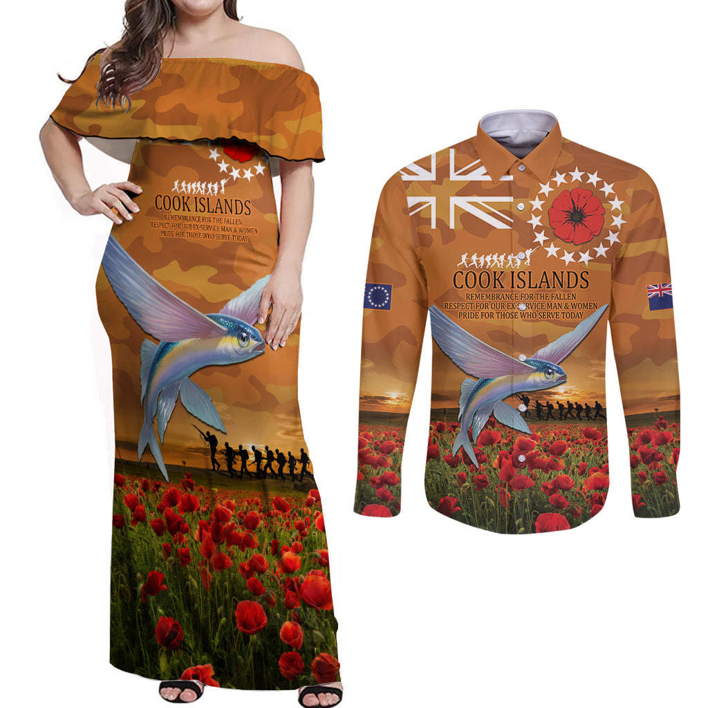 Cook Islands ANZAC Day Personalised Couples Matching Off Shoulder Maxi Dress and Long Sleeve Button Shirt with Poppy Field LT9 Art - Polynesian Pride