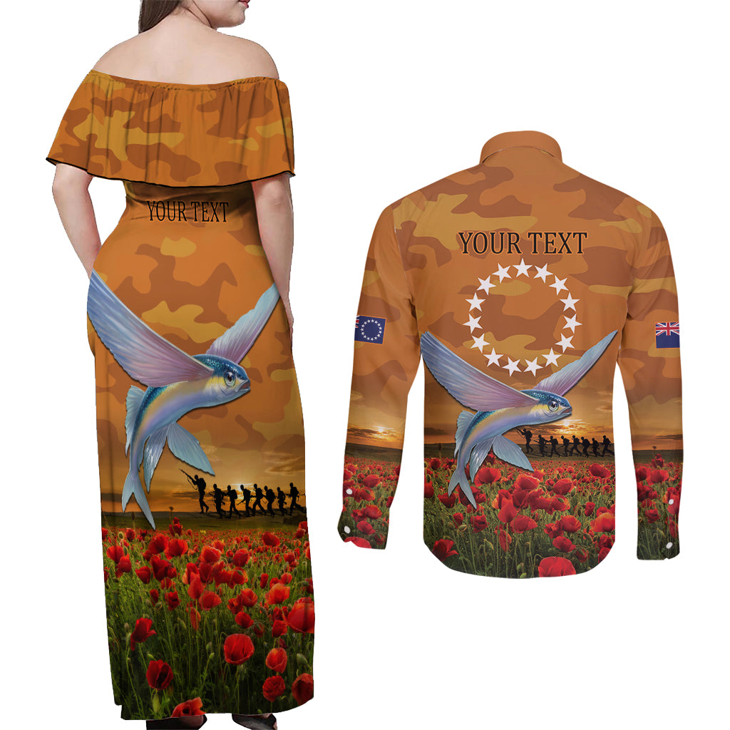 Cook Islands ANZAC Day Personalised Couples Matching Off Shoulder Maxi Dress and Long Sleeve Button Shirt with Poppy Field LT9 - Polynesian Pride