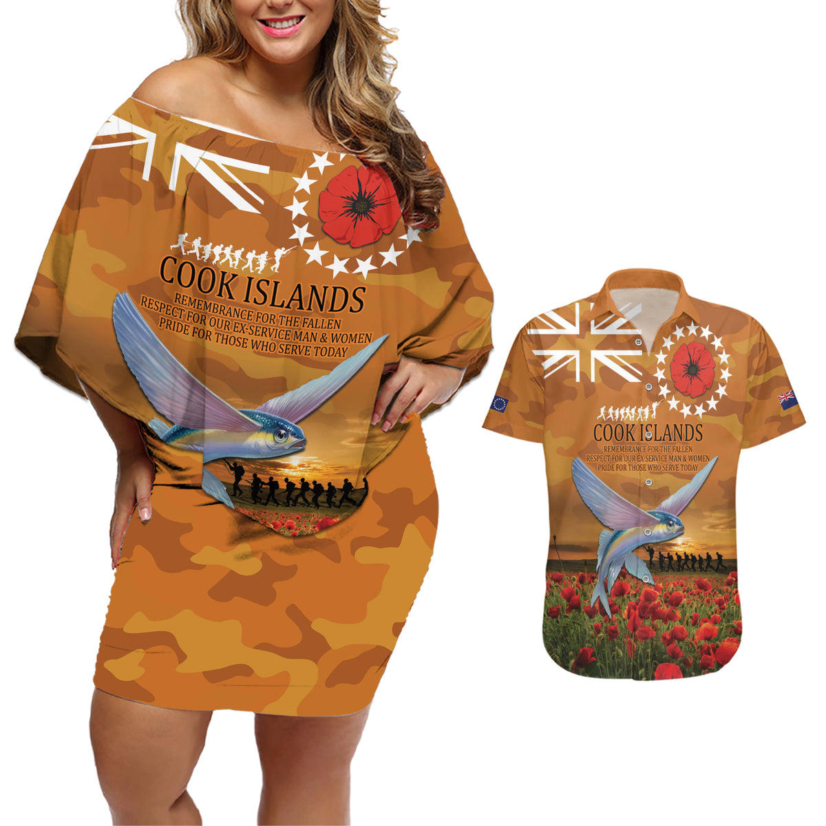 Cook Islands ANZAC Day Personalised Couples Matching Off Shoulder Short Dress and Hawaiian Shirt with Poppy Field LT9 Art - Polynesian Pride