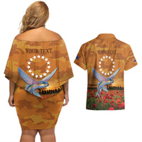 Cook Islands ANZAC Day Personalised Couples Matching Off Shoulder Short Dress and Hawaiian Shirt with Poppy Field LT9 - Polynesian Pride