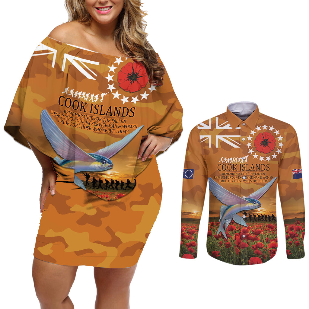Cook Islands ANZAC Day Personalised Couples Matching Off Shoulder Short Dress and Long Sleeve Button Shirt with Poppy Field LT9 Art - Polynesian Pride