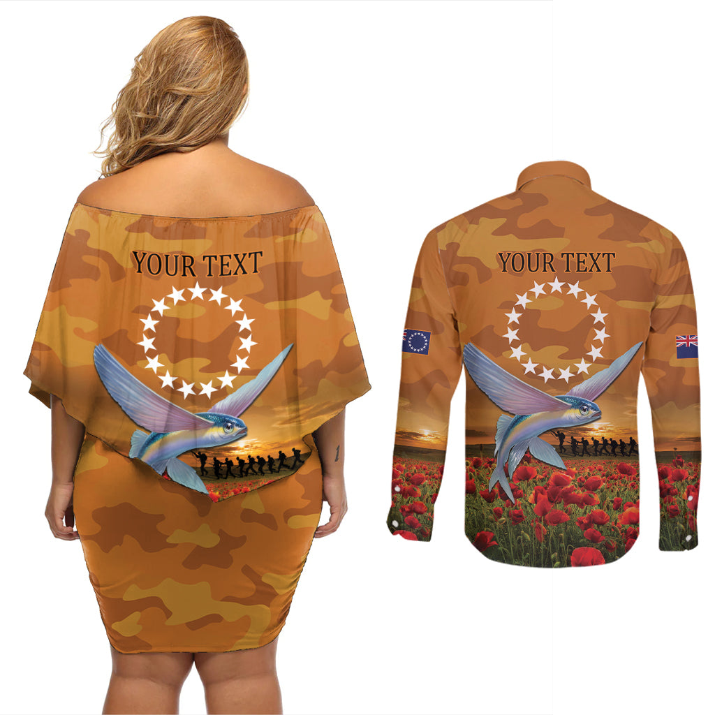 Cook Islands ANZAC Day Personalised Couples Matching Off Shoulder Short Dress and Long Sleeve Button Shirt with Poppy Field LT9 - Polynesian Pride