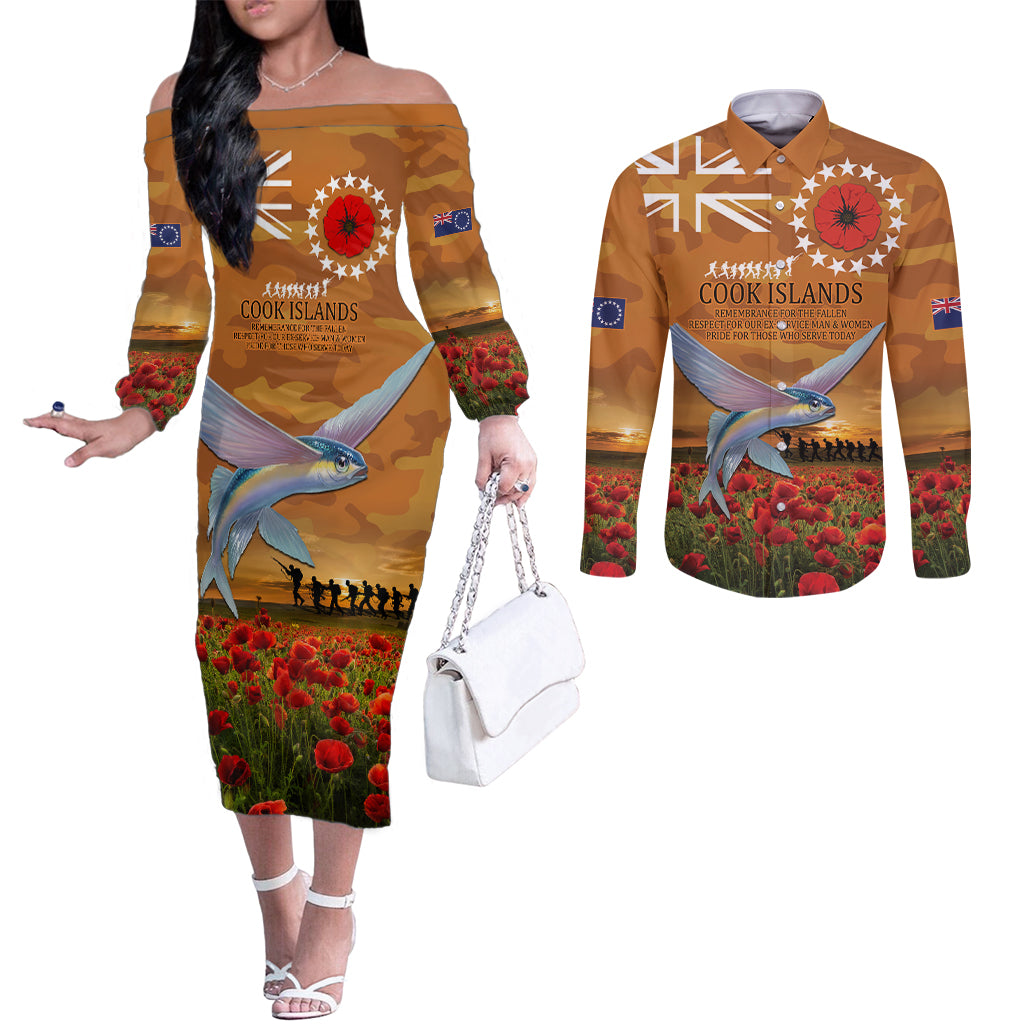 Cook Islands ANZAC Day Personalised Couples Matching Off The Shoulder Long Sleeve Dress and Long Sleeve Button Shirt with Poppy Field LT9 Art - Polynesian Pride