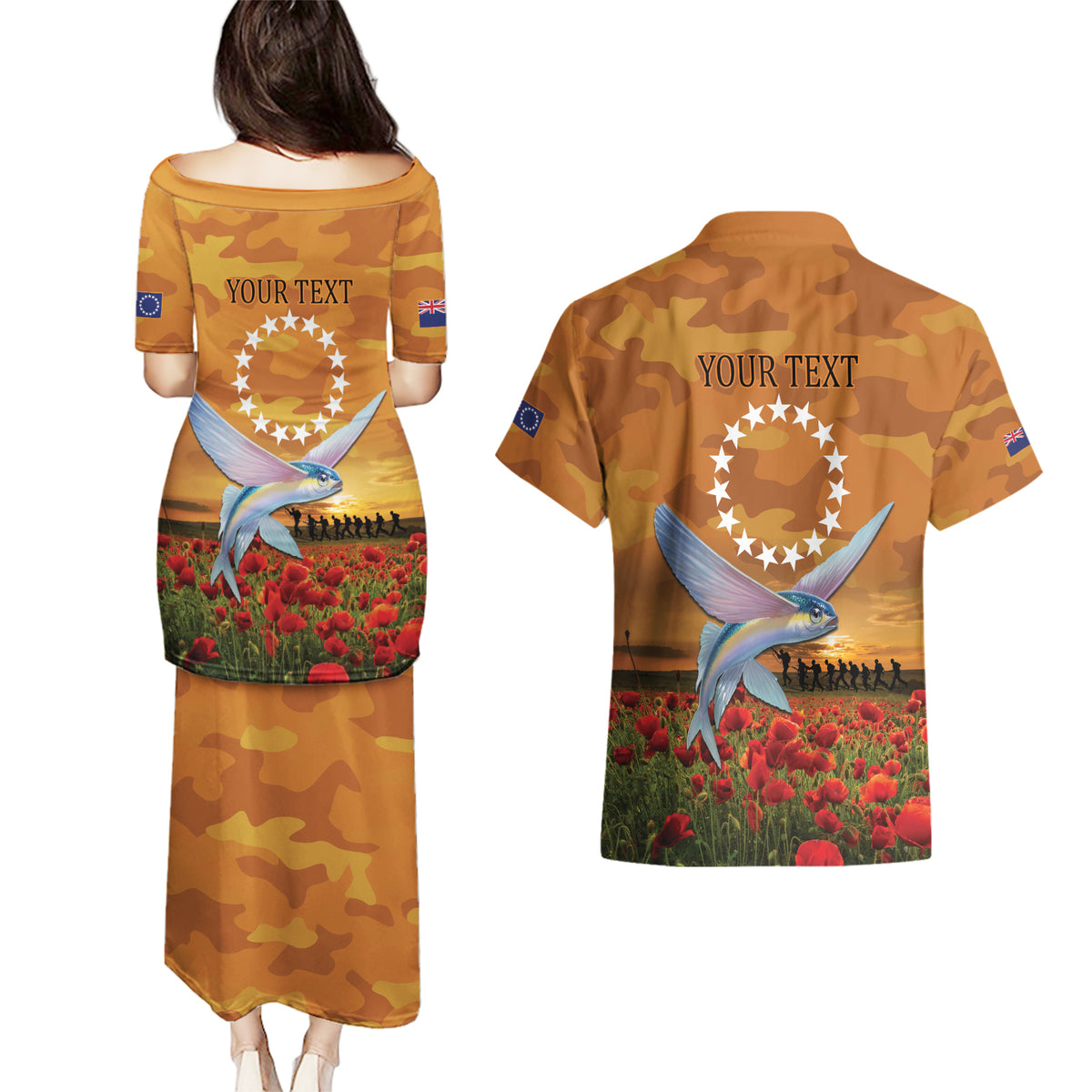 Cook Islands ANZAC Day Personalised Couples Matching Puletasi and Hawaiian Shirt with Poppy Field LT9 - Polynesian Pride