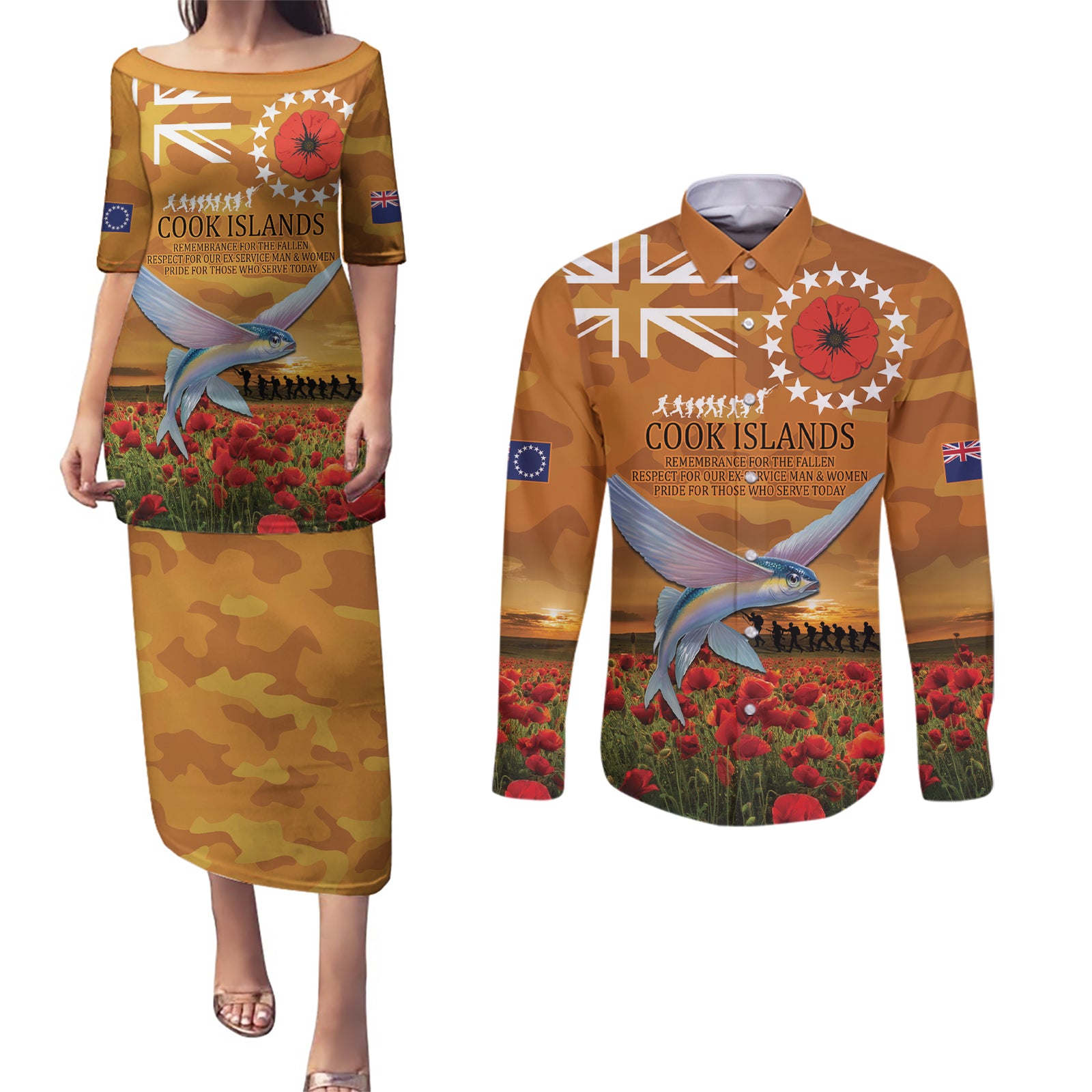 Cook Islands ANZAC Day Personalised Couples Matching Puletasi and Long Sleeve Button Shirt with Poppy Field LT9 Art - Polynesian Pride