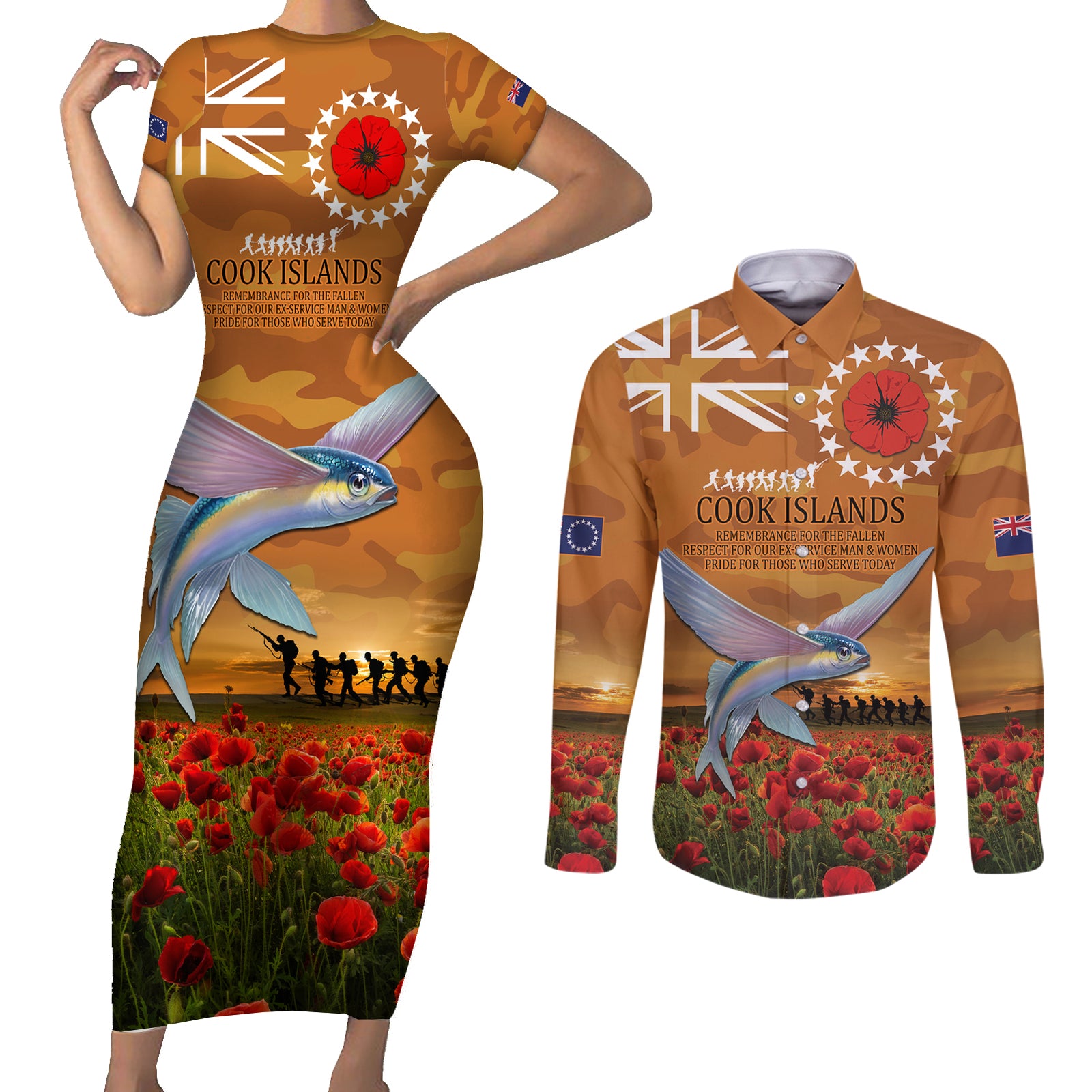 Cook Islands ANZAC Day Personalised Couples Matching Short Sleeve Bodycon Dress and Long Sleeve Button Shirt with Poppy Field LT9 Art - Polynesian Pride